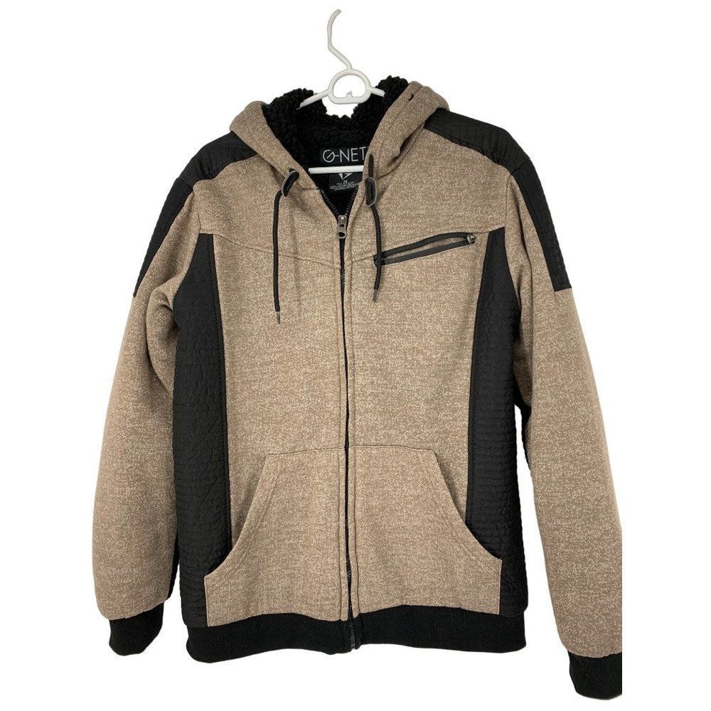 G-net Mens Hooded Sweatshirt Full Zip brown Medium 3951 Zip pocket Sherpa Lined